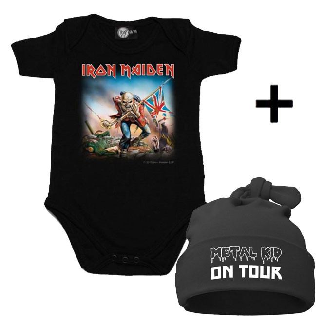 Juego de regalo con body de Iron Maiden y Metal Kid on Tour Gorrita